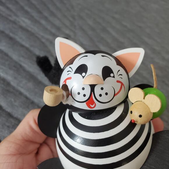 Vintage German Incense Smoker Kitten/Cat w/Pipe & Mouse 4" Black & White Wooden - Picture 6 of 10